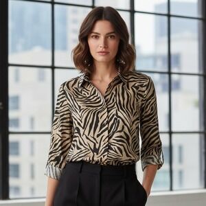 CHAPS Blouse Women's Size 3X Zebra Animal Print Button Front Top Cotton‎ Boho